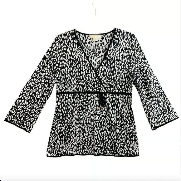 Michael Kors 100% cotton leopard cheetah wrap surplice babydoll knit sweater top - Picture 5 of 10